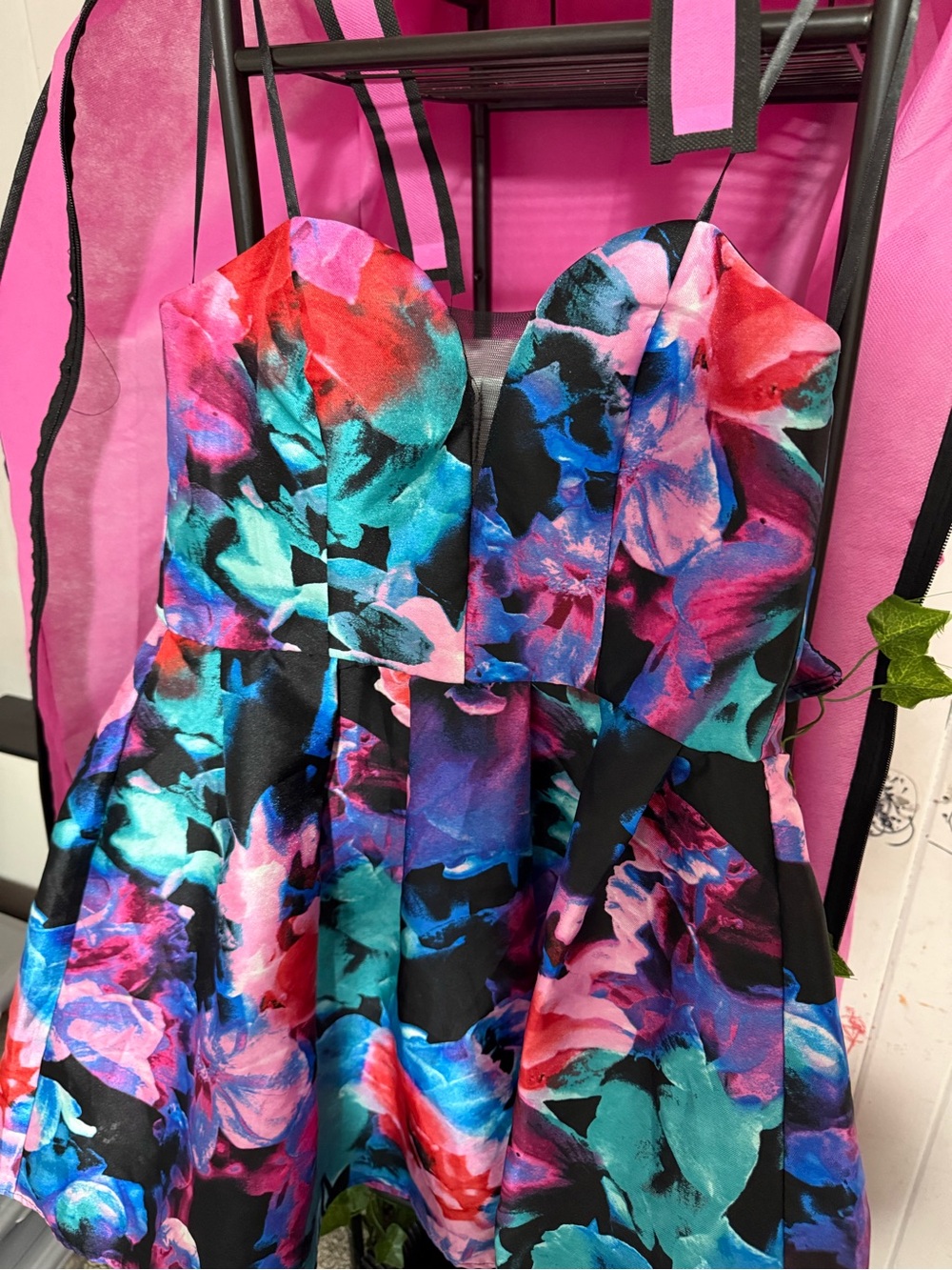 Vibrant Floral Strapless Fit & Flare Dress - Bold Pink, Teal & Blue